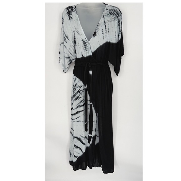 Japna Tie Dye Maxi Dress Kimono Sleeve Belted Boho Festival Black Gray M 101-00 - Picture 12 of 13